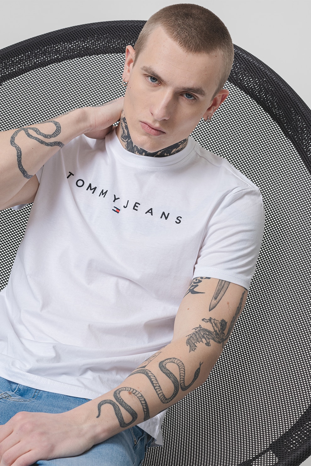 Tommy Jeans, Tricou din bumbac cu logo brodat, Alb, L