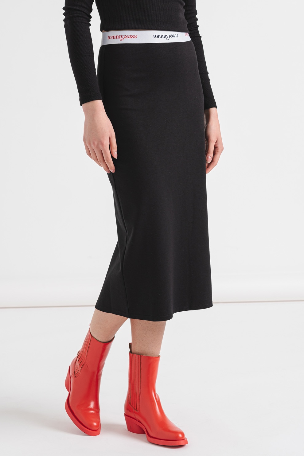 Tommy Jeans, Fusta cu talie inalta, slit pe partea din spate si banda logo in talie, Negru, XS