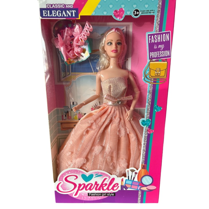 Papusa KOMAZI® cu rochie de printesa si sandale roz, 3 ani+