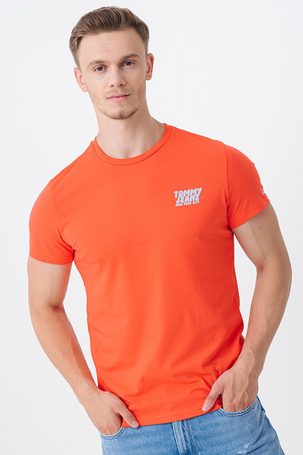 Tommy Jeans, Tricou slim fit cu imprimeu logo, Gri deschis, Corai, S