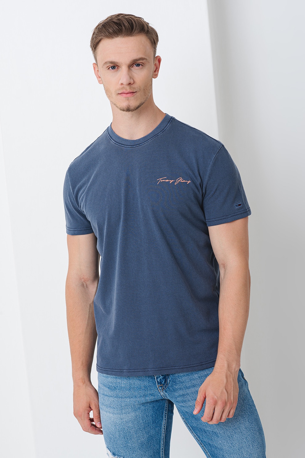 Tommy Jeans, Tricou cu imprimeu pe spate, Albastru prafuit, Galben pal, Portocaliu pal, S