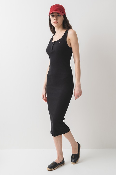 Tommy Jeans, Rochie midi cambrata din bumbac, Negru, XS