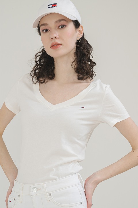 Tommy Jeans, Tricou slim fit cu broderie logo discreta, Alb murdar