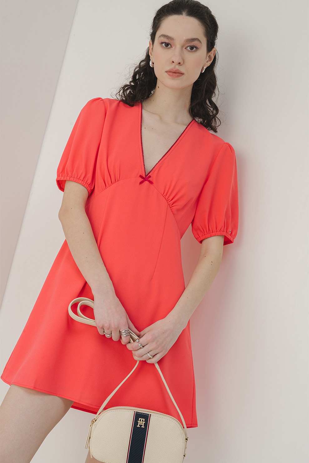 Tommy Jeans, Rochie cu decolteu in V si maneci scurte, Roz aprins, XS