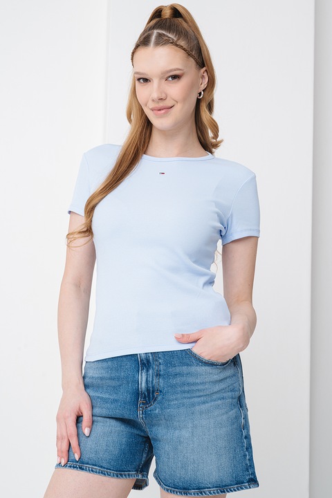Tommy Jeans, Tricou slim fit striat, Albastru pastel