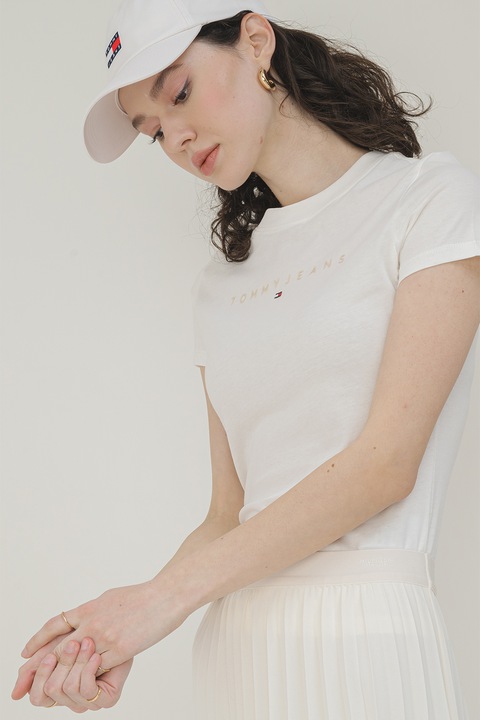 Tommy Jeans, Tricou cu decolteu la baza gatului si imprimeu logo, Alb fildes, Alb murdar, XS
