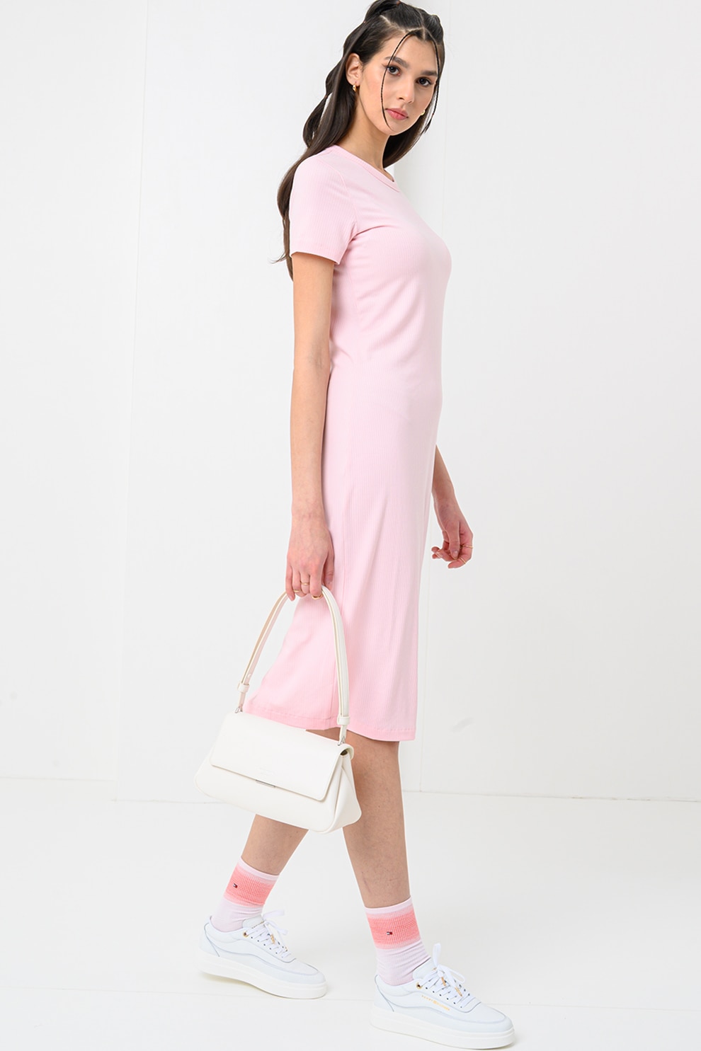 Tommy Jeans, Rochie midi cu maneci scurte, Roz pastel, S