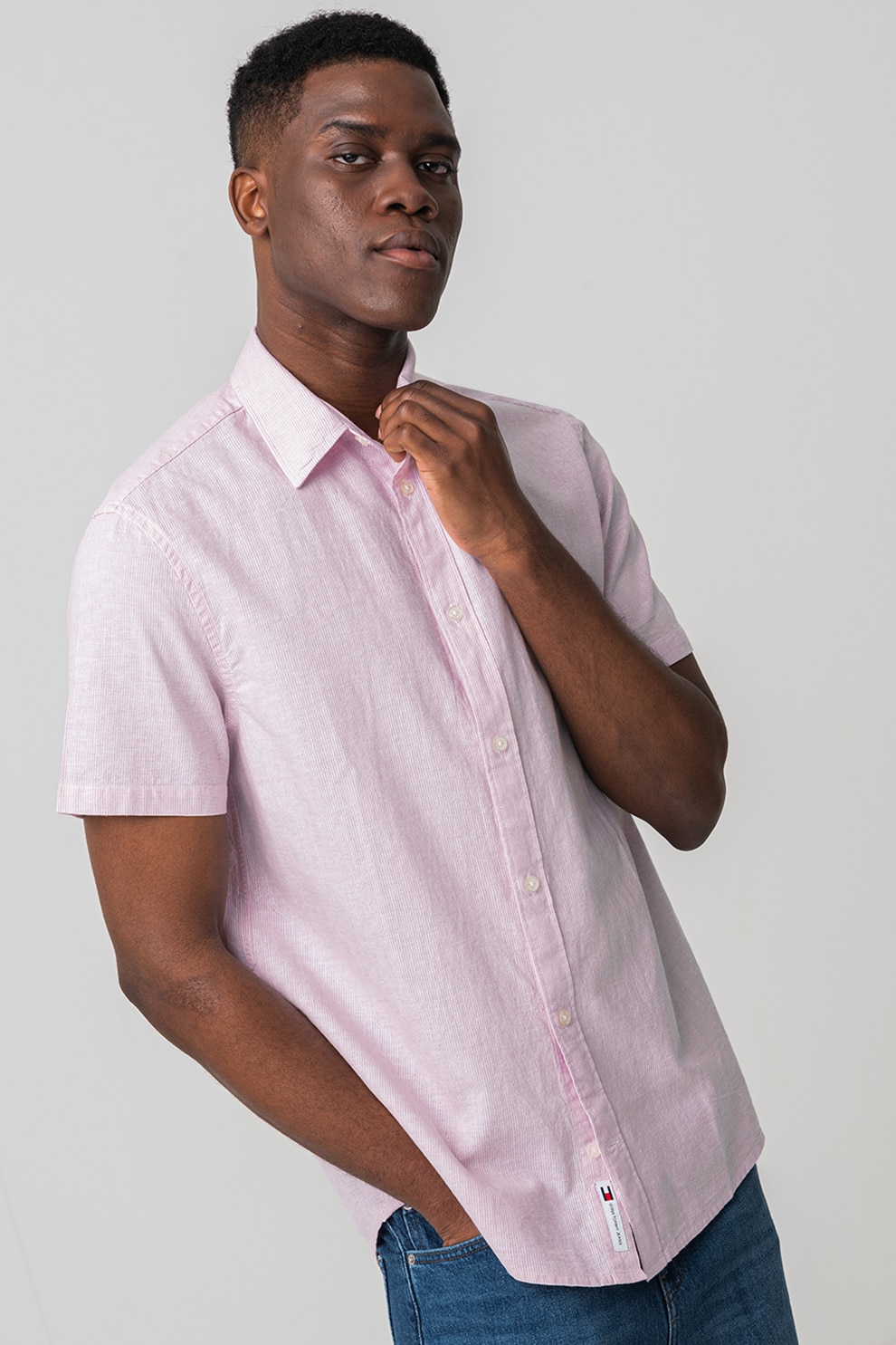 Tommy Jeans, Camasa din bumbac organic si in cu dungi, Roz pastel deschis, M
