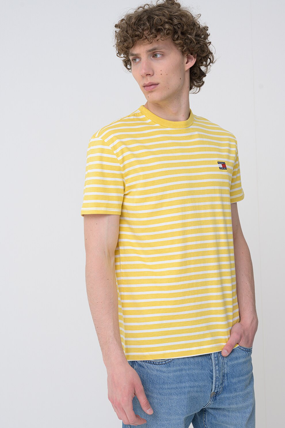 Tommy Jeans, Tricou din bumbac cu model in dungi, Alb, Galben sofran, S