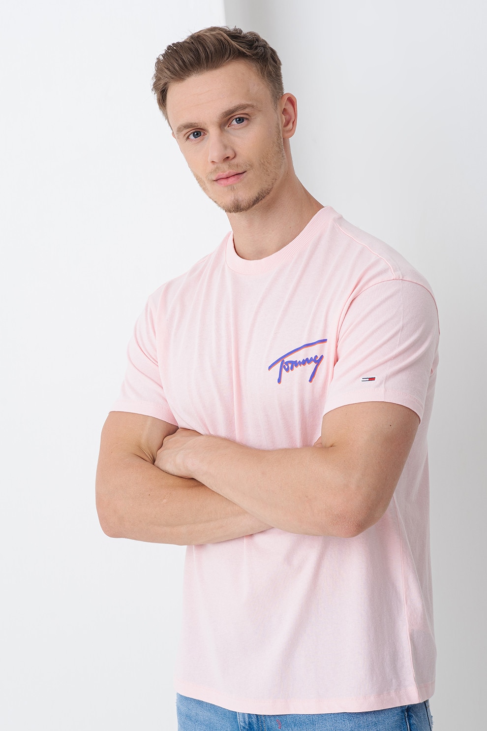 Tommy Jeans, Tricou cu logo, Roz pastel, Portocaliu mandarina, Indigo, XL