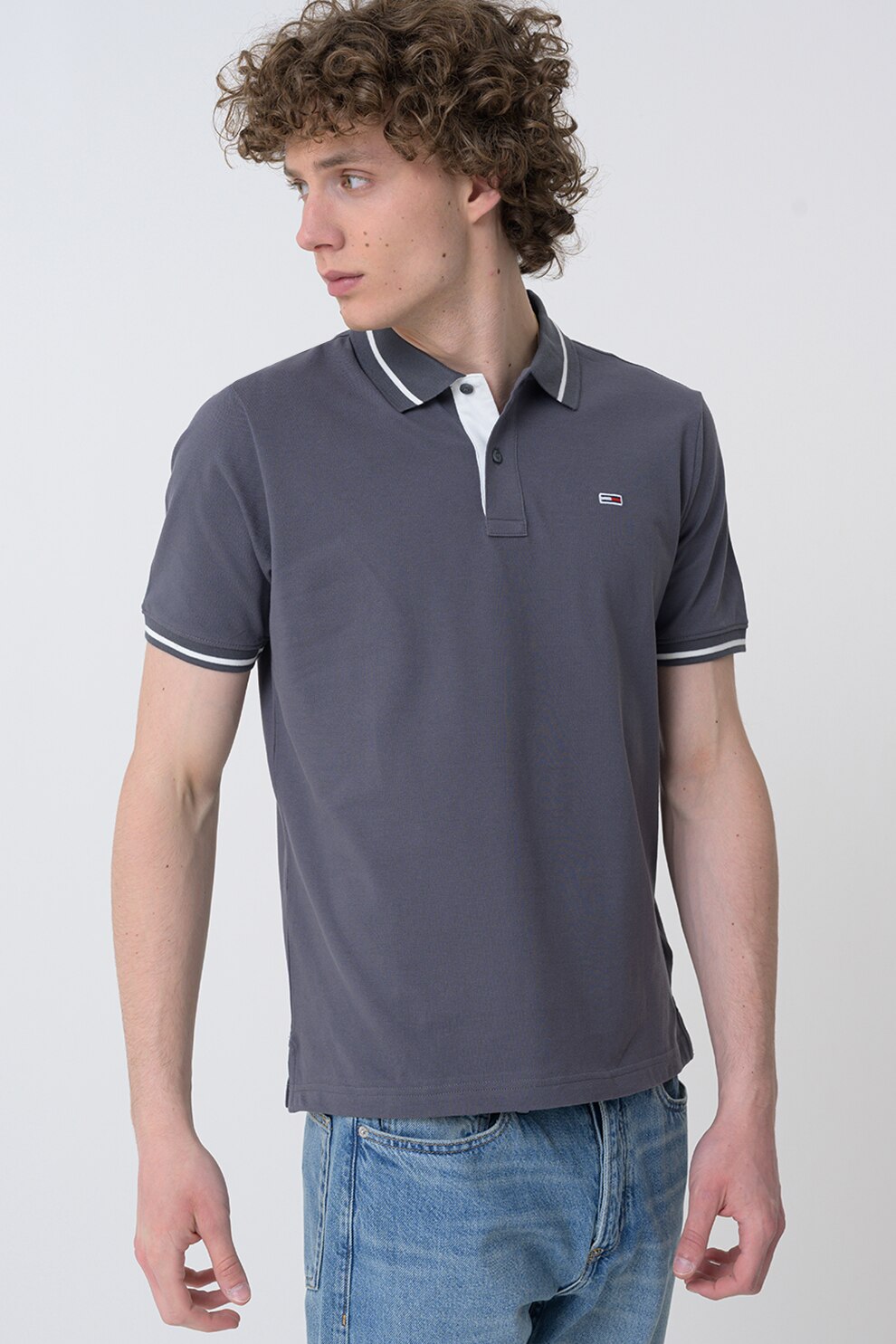 Tommy Jeans, Tricou polo regular-fit din bumbac, Gri inchis, M