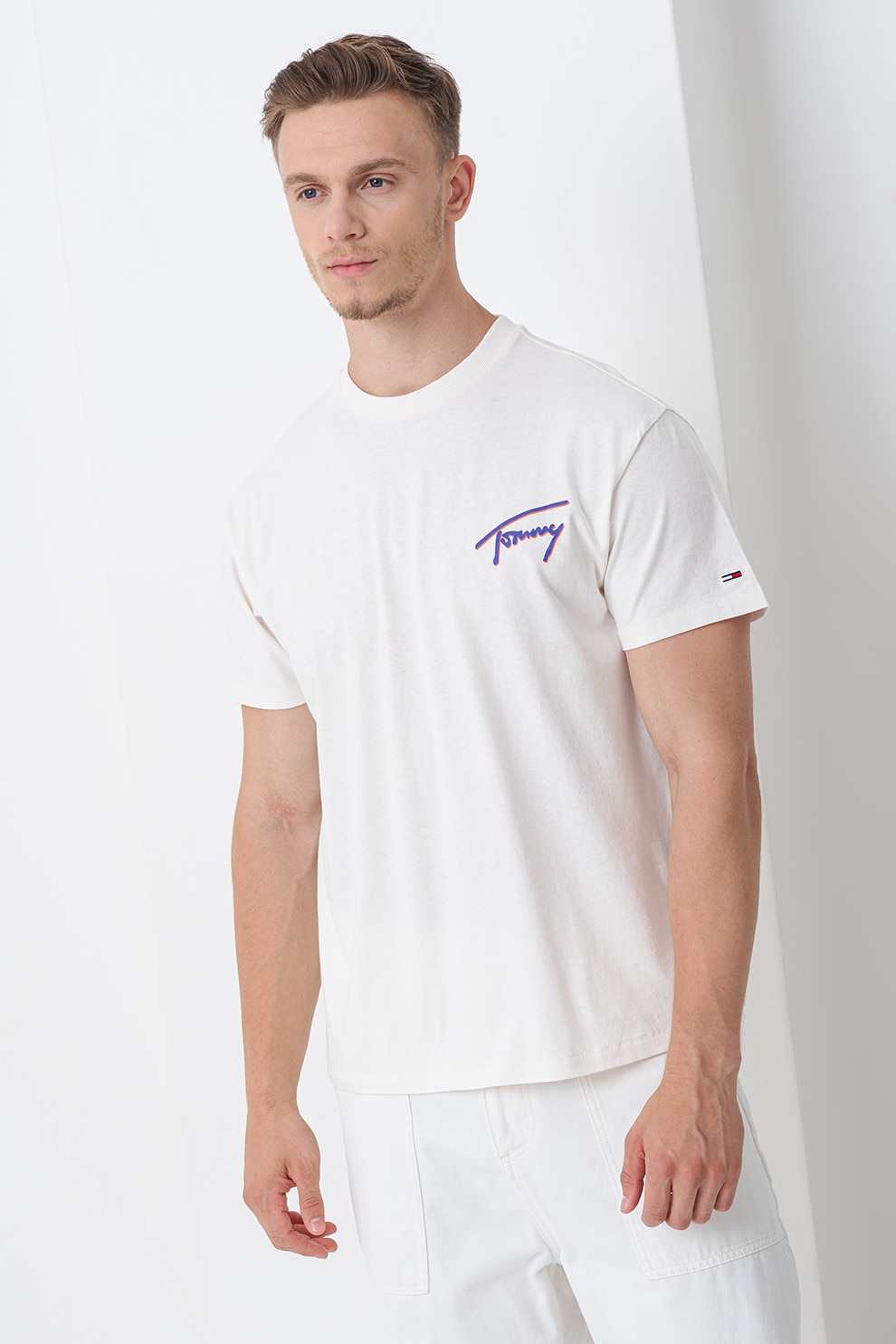 Tommy Jeans, Tricou cu logo, Alb, Portocaliu mandarina, Albastru