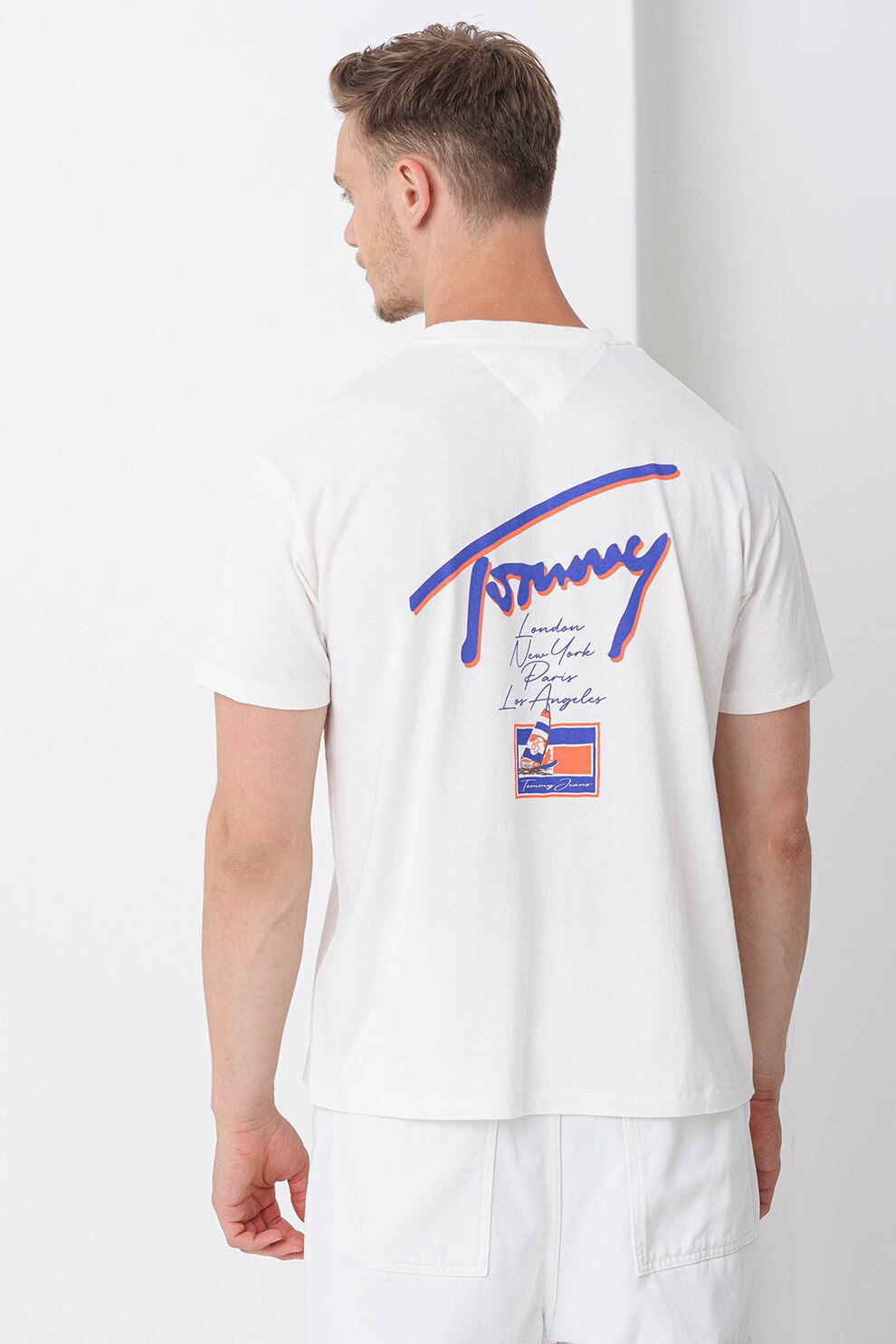 Tommy Jeans, Tricou cu logo, Alb, Portocaliu mandarina, Albastru