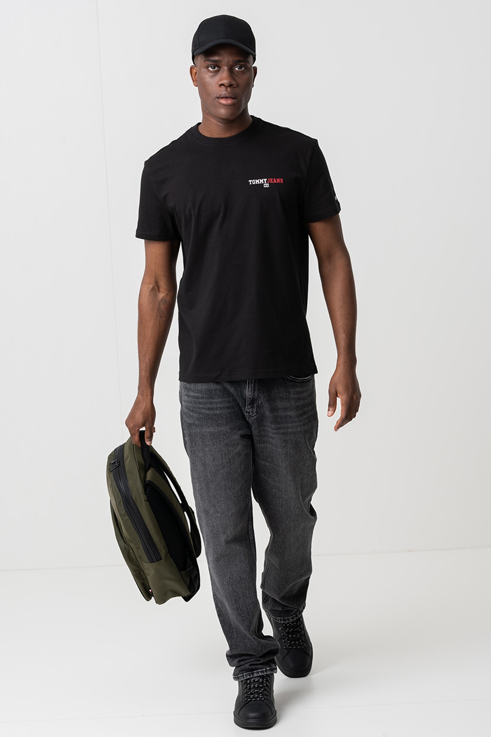 Tommy Jeans, Tricou cu imprimeu logo, Negru, Rosu inchis, Alb optic, S