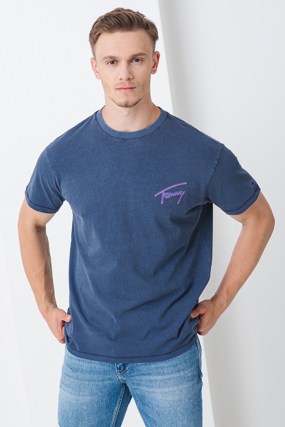 Tommy Jeans, Tricou cu logo, Violet, Albastru prafuit, Portocaliu pal, S