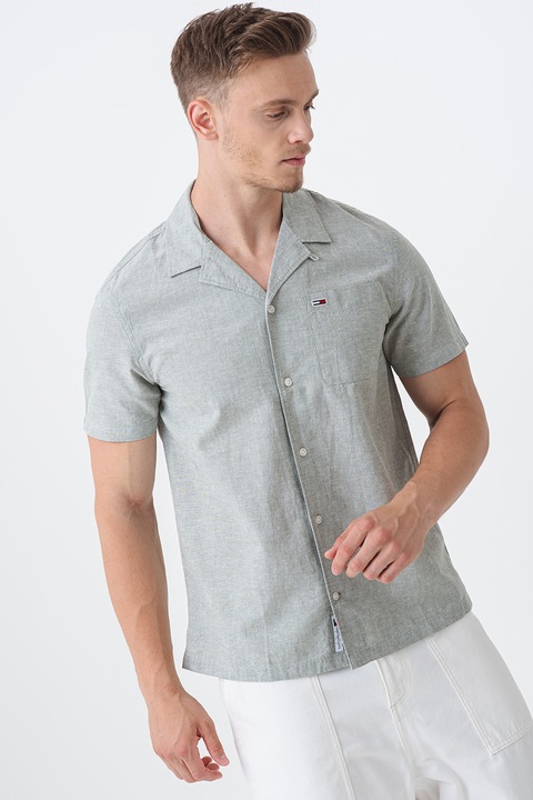 Tommy Jeans, Lenvászon és organikuspamut tartalmú ing, Melange zöld