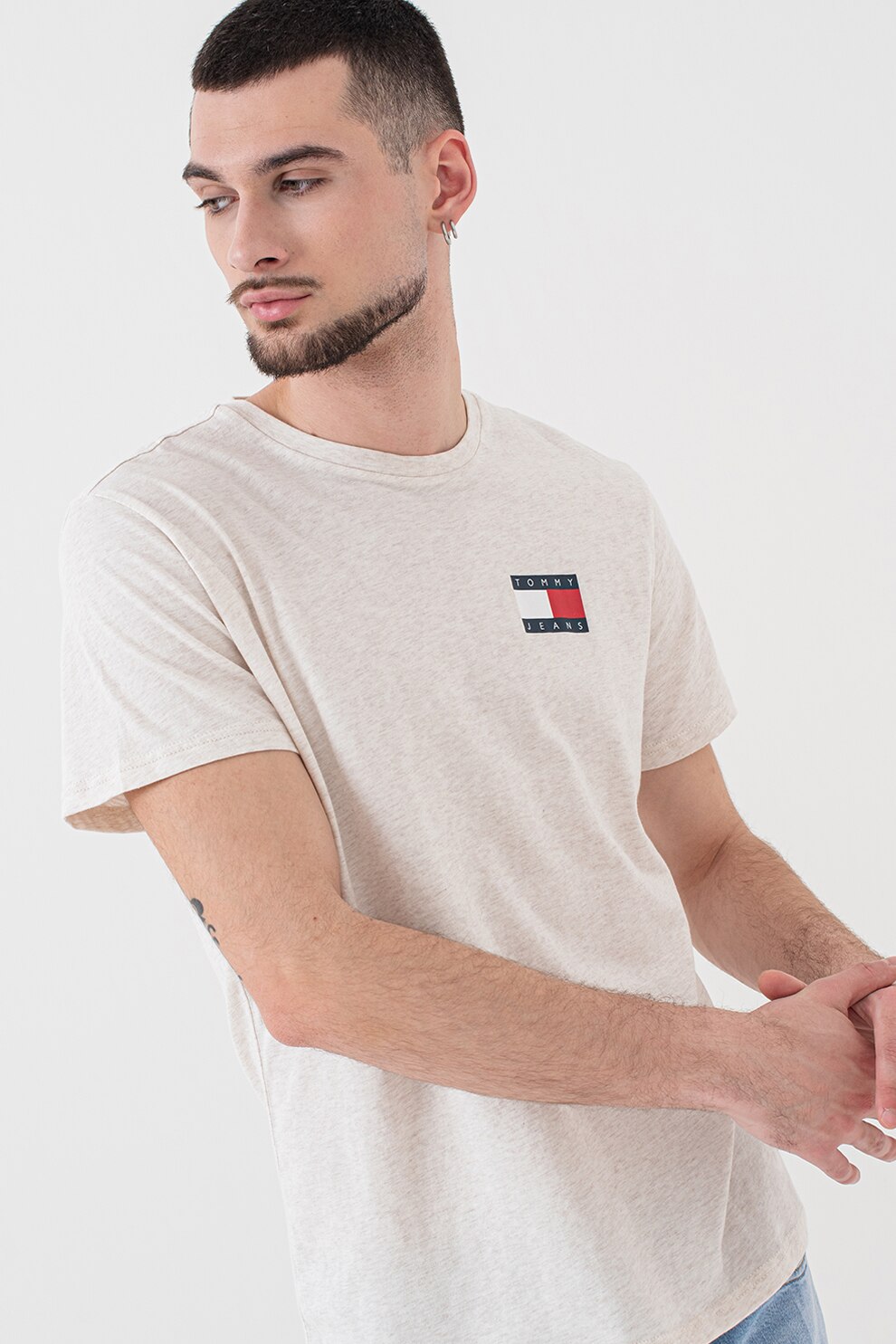 Tommy Jeans, Tricou de bumbac cu logo, Alb murdar, S