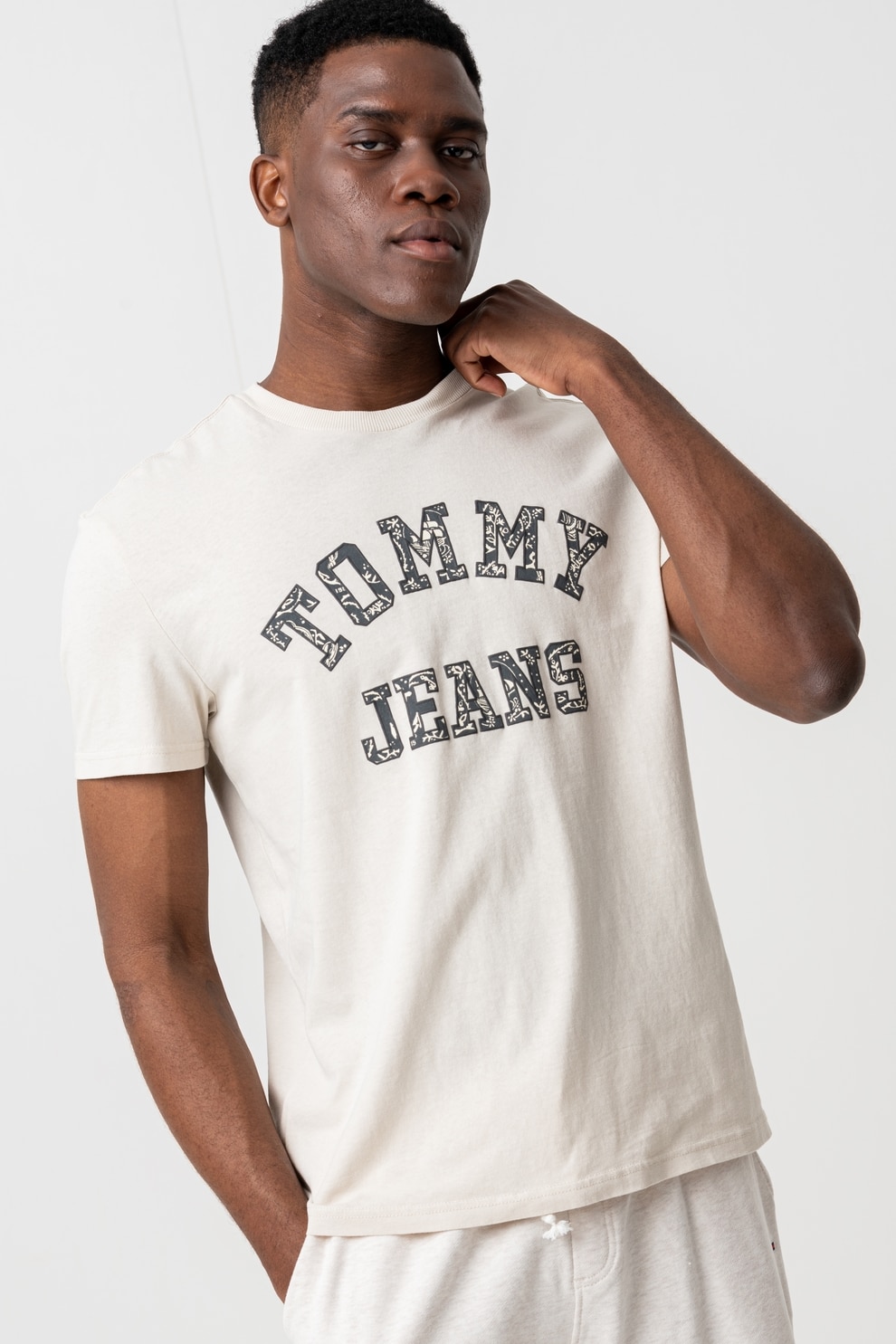Tommy Jeans, Tricou cu imprimeu logo, Gri inchis, Bej deschis, M