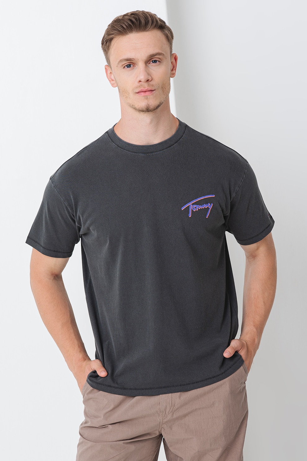Tommy Jeans, Tricou cu logo, Negru stins, Portocaliu pal, Indigo, L