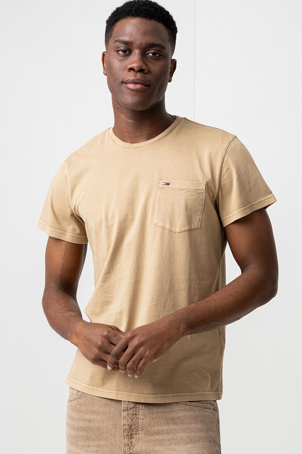 Tommy Jeans, Tricou slim-fit cu decolteu la baza gatului, Kaki, S