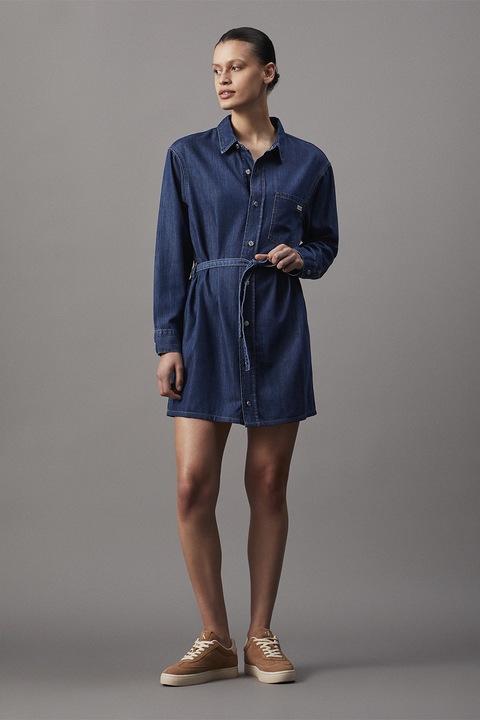 CALVIN KLEIN JEANS, Rochie-camasa mini din amestec de lyocell cu maneci lungi, Albastru petrol