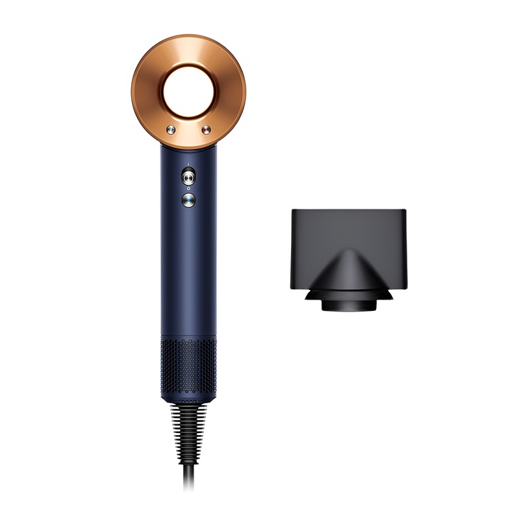 Професионален сешоар, усъвършенстван контрол на скоростта и температурата, мощност 1600 W, мотор 110 000 RPM, бързо изсушаване, интензивен въздушен поток 46 m/s, регулиране на температурата, синьо злато