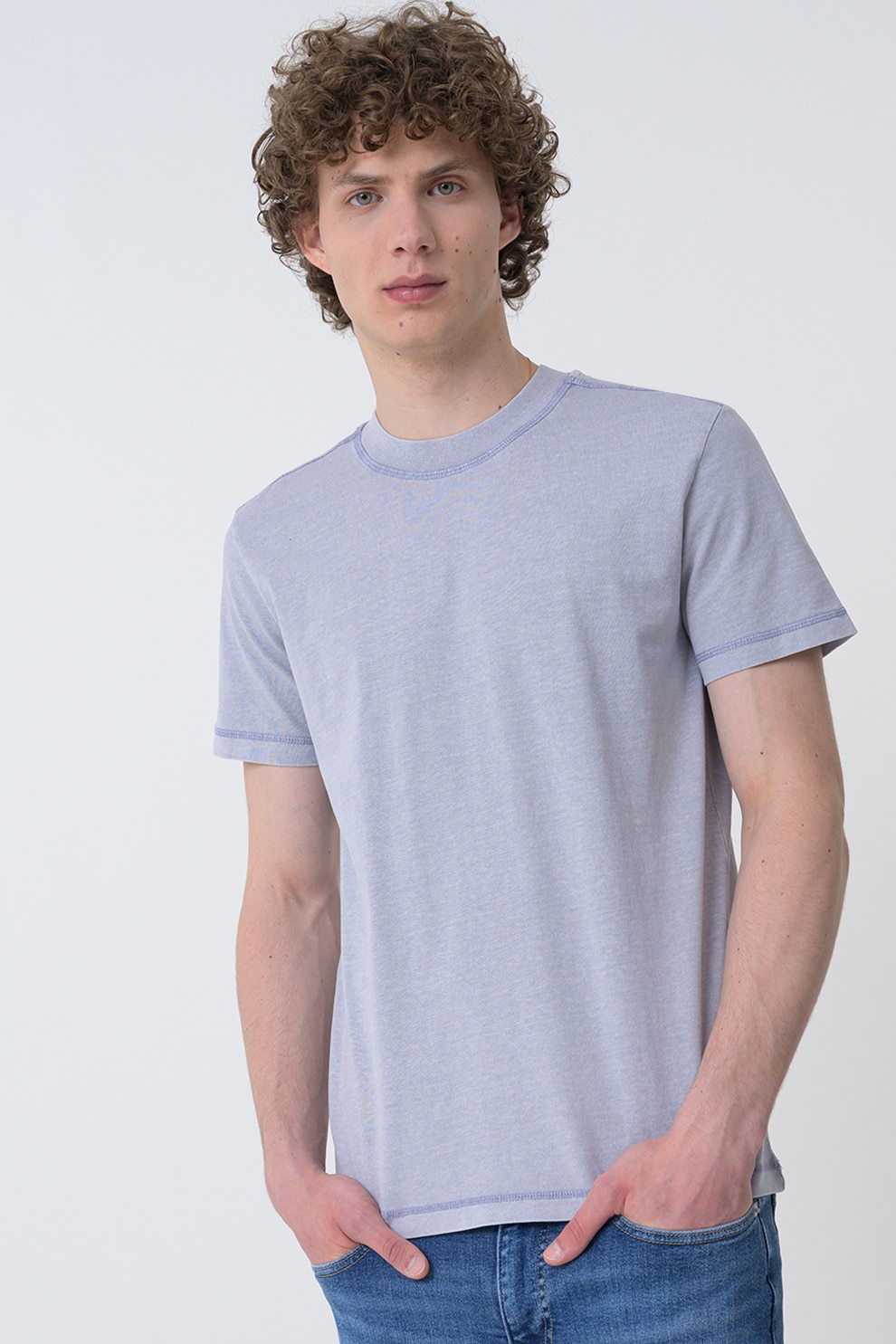 CALVIN KLEIN JEANS, Tricou de bumbac cu decolteu la baza gatului, Gri deschis, M