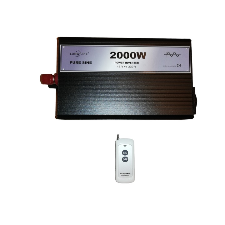 Инвертор 2000 W, чиста синусоида, 12 V - 220 V за автомобил и соларни панели, европейски контакт, USB порт, безжично дистанционно управление, тир, камион, автобус, каравана, кемпер, тестван с осцилоскоп, лодка, независим дом