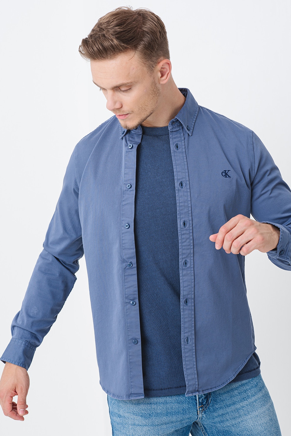 CALVIN KLEIN JEANS, Camasa cu logo mic brodat, Albastru prafuit, L