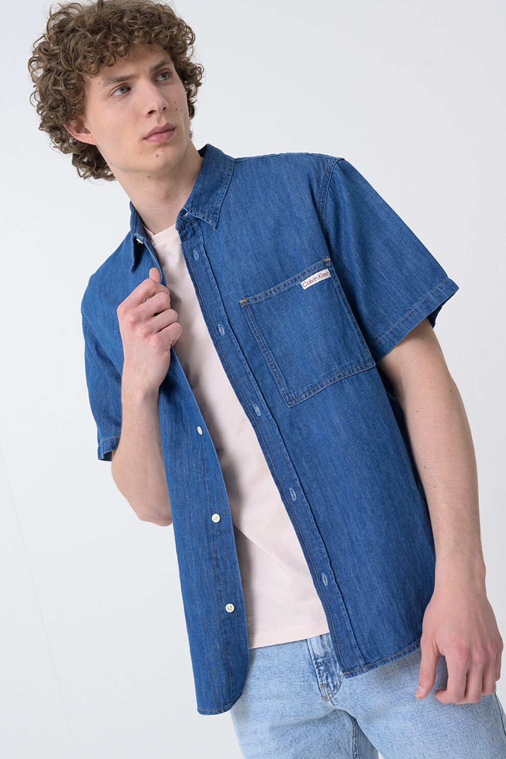 CALVIN KLEIN JEANS, Camasa din denim cu maneci scurte, Albastru inchis, M