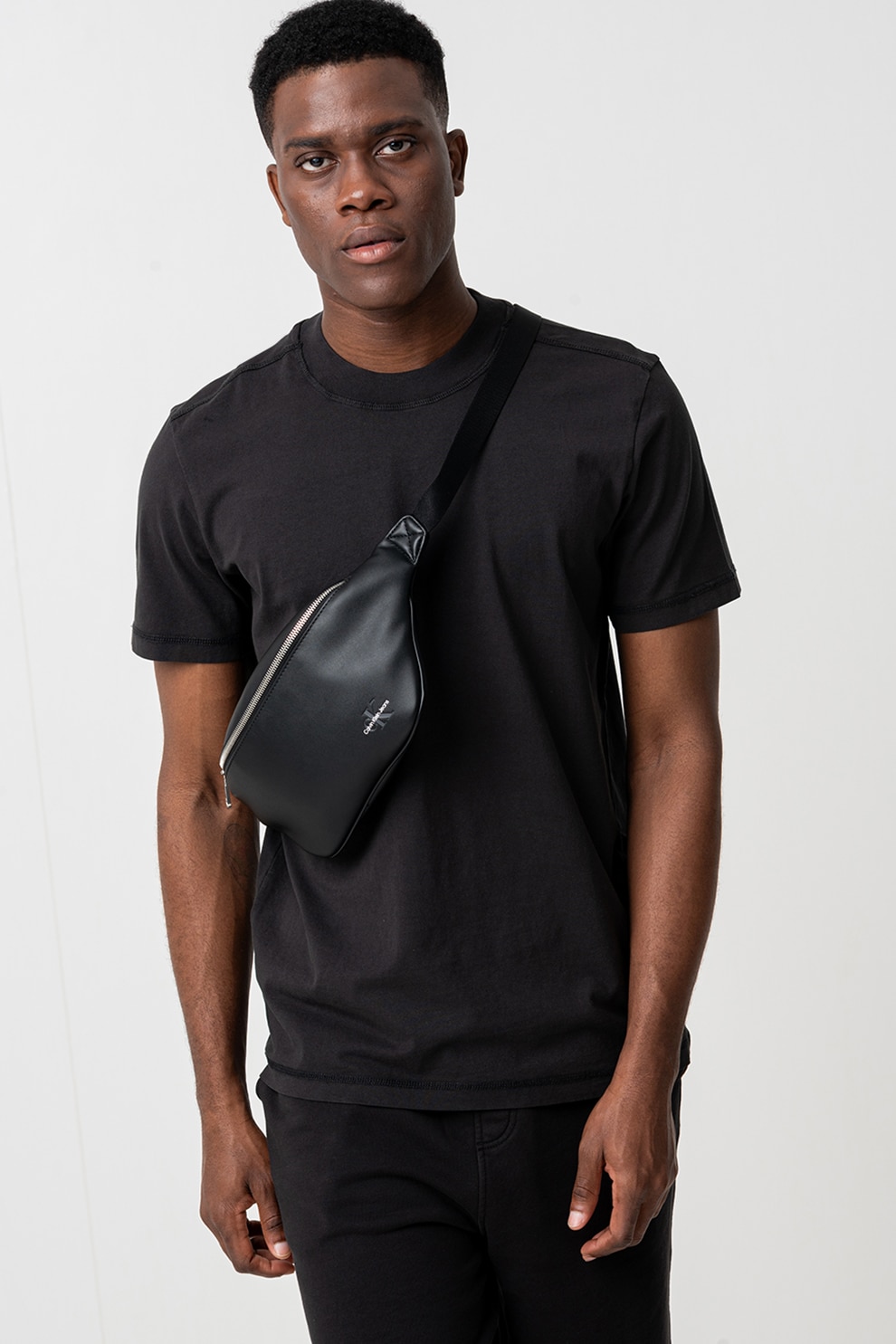 CALVIN KLEIN JEANS, Tricou de bumbac cu decolteu la baza gatului, Negru stins, M