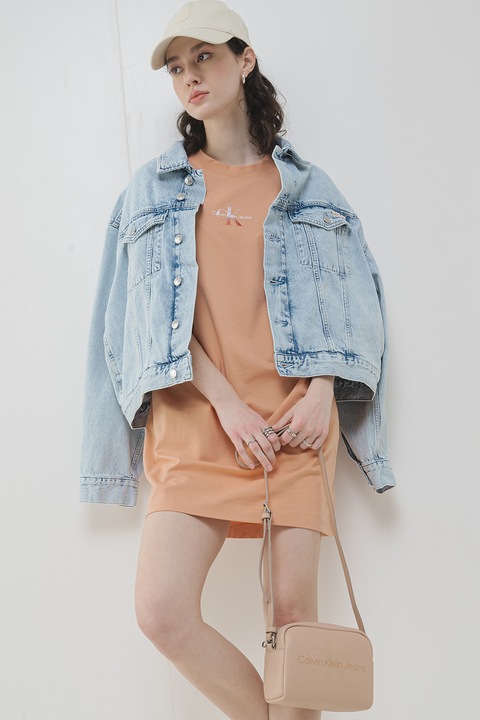 CALVIN KLEIN JEANS, Рокля-тениска с памук, Бял, Розова сьомга, XS