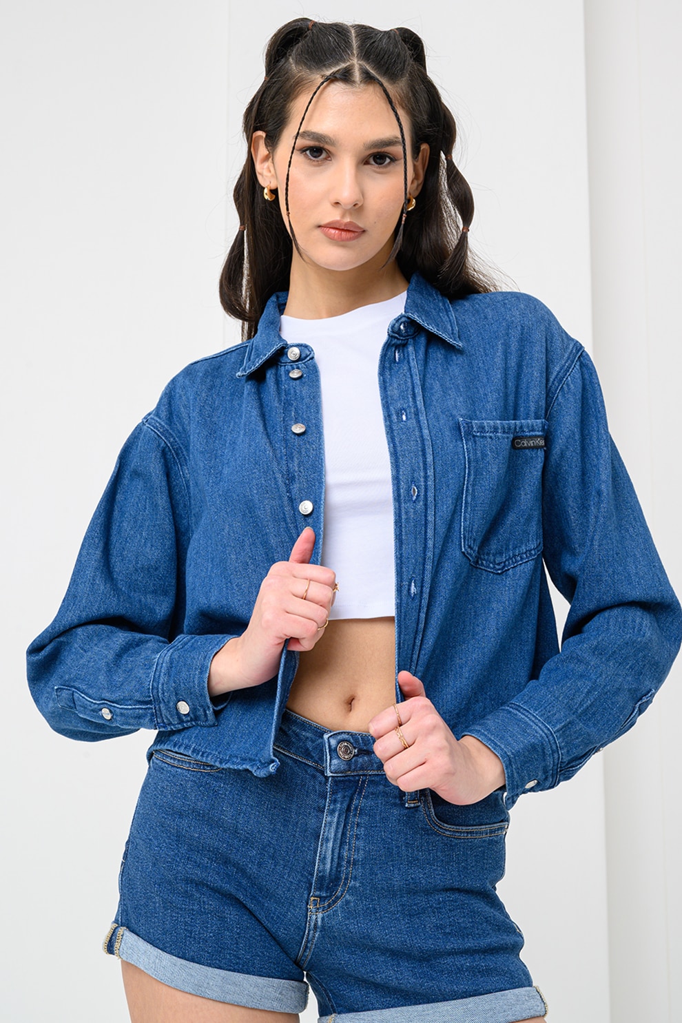 CALVIN KLEIN JEANS, Camasa crop din denim cu buzunar pe piept, Albastru inchis, XS