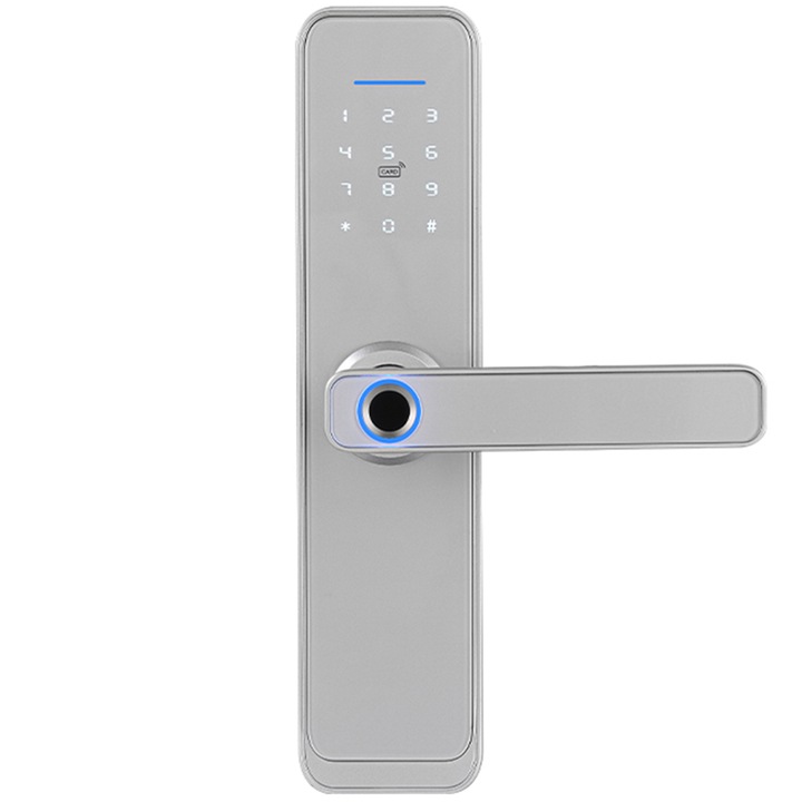 Maner de usa electronic cu control acces RFID amprenta digitala, parola, aplicatie TUYA, card RFID, amprenta digitala, cheie, maner de usa avansat/electronic, securitate camera si cladire, memorie interna, SecureEntry-HL200