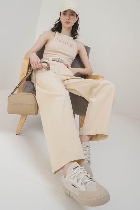 CALVIN KLEIN JEANS, Рипсен топ с лого, Бял, Бежов, Ягодово червено, XS