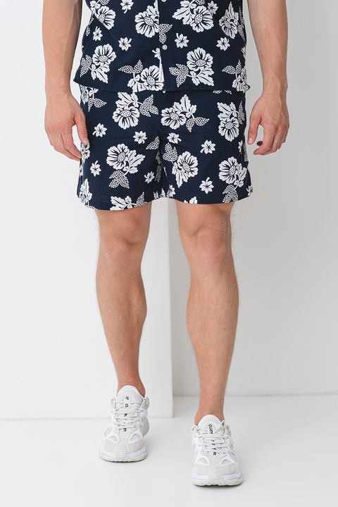 Tommy Jeans, Pantaloni scurti de bumbac cu model floral si snur, Alb murdar/Bleumarin