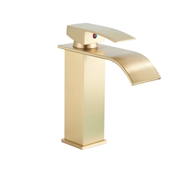 Baterie lavoar, tip cascada, cu corp baterie din Alama, racorduri incluse, pentru baie, auriu nichelat, periat, Rain Drop de la RobinetulMeu