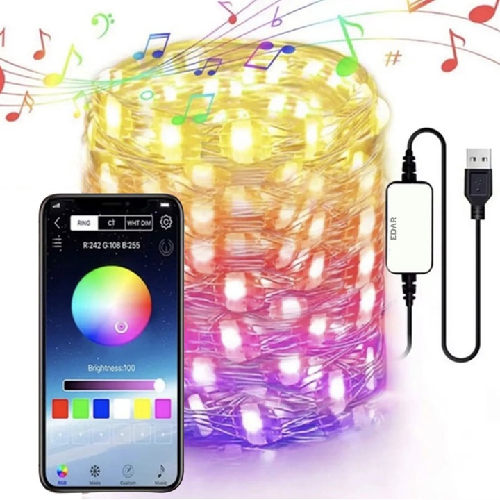 EDAR Okos Karácsonyi Fényfüzér, Többszínű, Telefonos Alkalmazással Vezérelhető, Fényerő Szabályozás, Világítási Mód, Szín, USB Tápellátás, IP44 Vízálló, 10 Méter Hosszú
