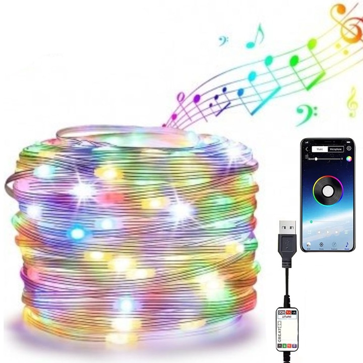 Instalatie De Craciun Liniara Inteligenta GREATON, Sirag De Lumini Cu Control De La Distanta, Aplicatie Telefon, Schimbare Joc De Lumini, Ajustare Nivel Luminozitate, Sincronizare Muzicala, 10 Metri, Multicolora