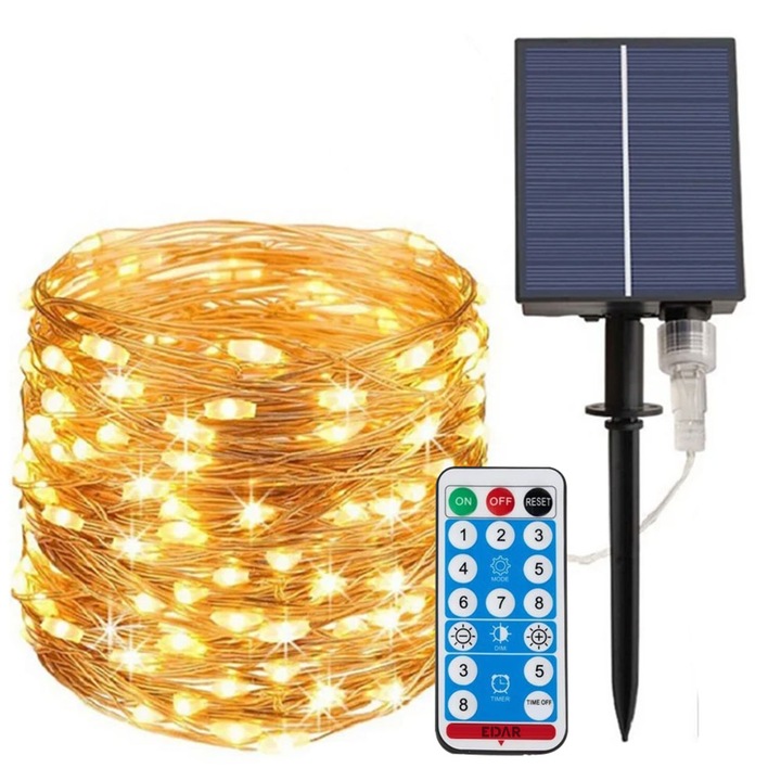 Instalatie De Craciun Cu Incarcare Solara EDAR, Fir Flexibil Din Cupru, Telecomanda, Pentru Exterior Sau Interior, Panou Solar Cu Tarus, Jocuri De Lumini, Control Luminozitate, 30 Metri, 300 Leduri, Alb Cald