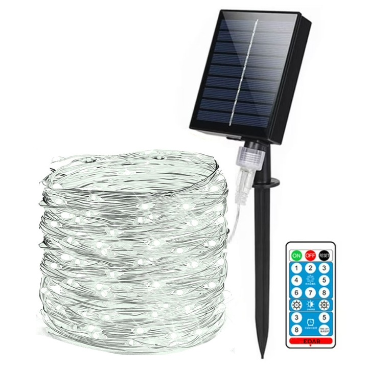 Instalatie De Craciun Cu Incarcare Solara EDAR, Fir Flexibil Din Cupru, Telecomanda, Pentru Exterior Sau Interior, Panou Solar Cu Tarus, Jocuri De Lumini, Control Luminozitate, 30 Metri, 300 Leduri, Alb Rece