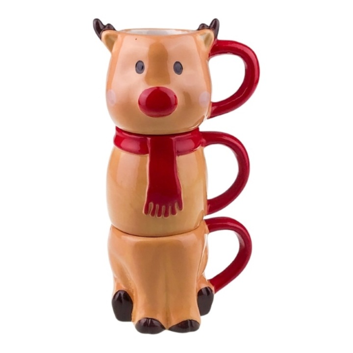 Set din ceramica format din trei cesti suprapuse ce formeaza un ren. 8x25 cm