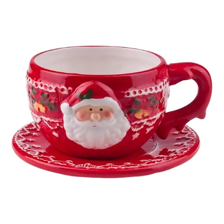 Set din ceramica format din ceasca cu farfurie cu Mos Craciun.15x9 cm