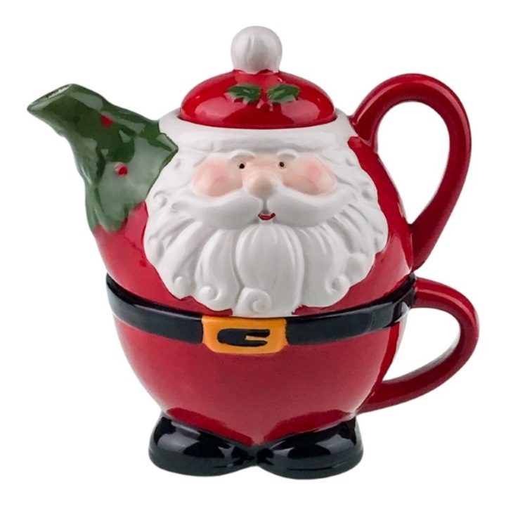 Set din ceramica format din cana cu ceainic cu capac cu Mos Craciun.12x17 cm