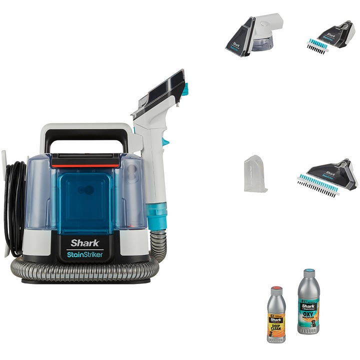 Shark StainStriker kézi tisztítógép, 5 tartozékkal, réstisztítófej, kisállat szőr gyűjtőfej, 2 személyre szabott tisztítási formulával, hordozható, fehér