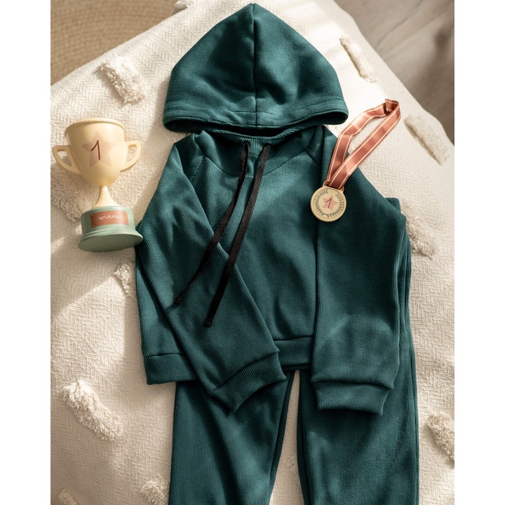 Trening din bumbac reiat cu pantaloni lejeri si hanorac cu gluga, Verde
