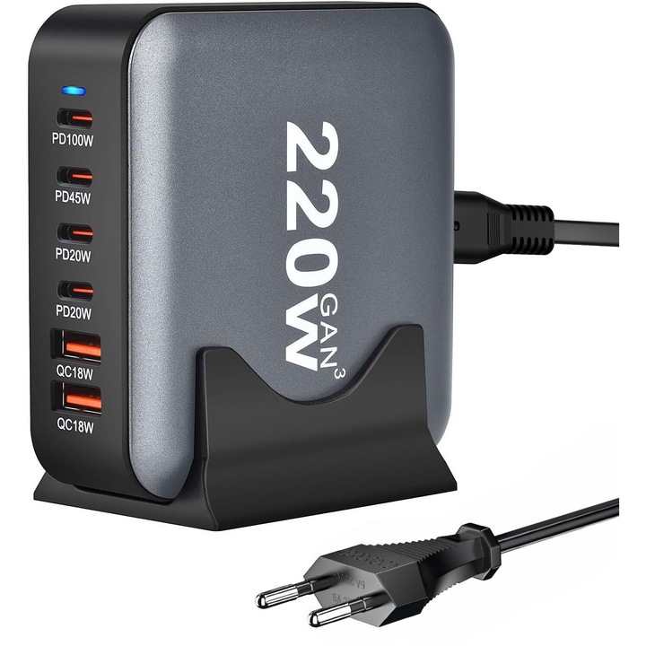 USB зарядна станция 220W GaN PRO 6 в 1, 4 USB-C & 2 USB-A, ултра бързо зареждане за 6 устройства, защита и ефективно разсейване на топлината, универсално зареждане за лаптопи и телефони, компактен и мощен, Staryon, черен