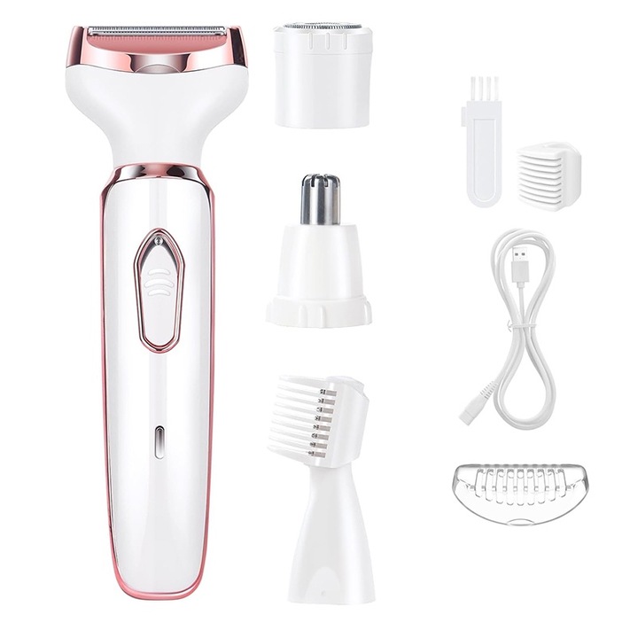 Мултифункционален епилатор 4 в 1, безжичен, USB зареждане, преносим, за тяло, лице, вежди, нос, за всички типове кожа, Amtok, бял