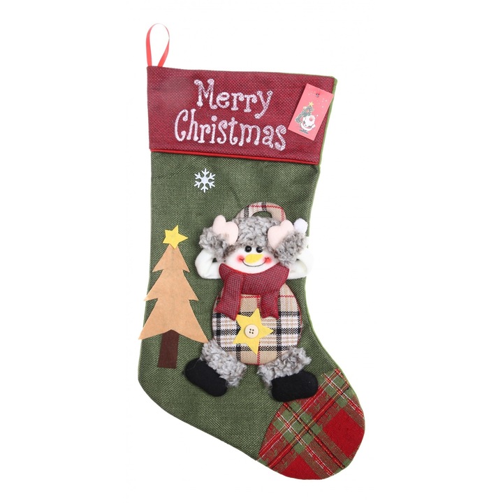 Ciorap pentru cadouri, cu model elf, verde, marimea 20x40 cm, textil