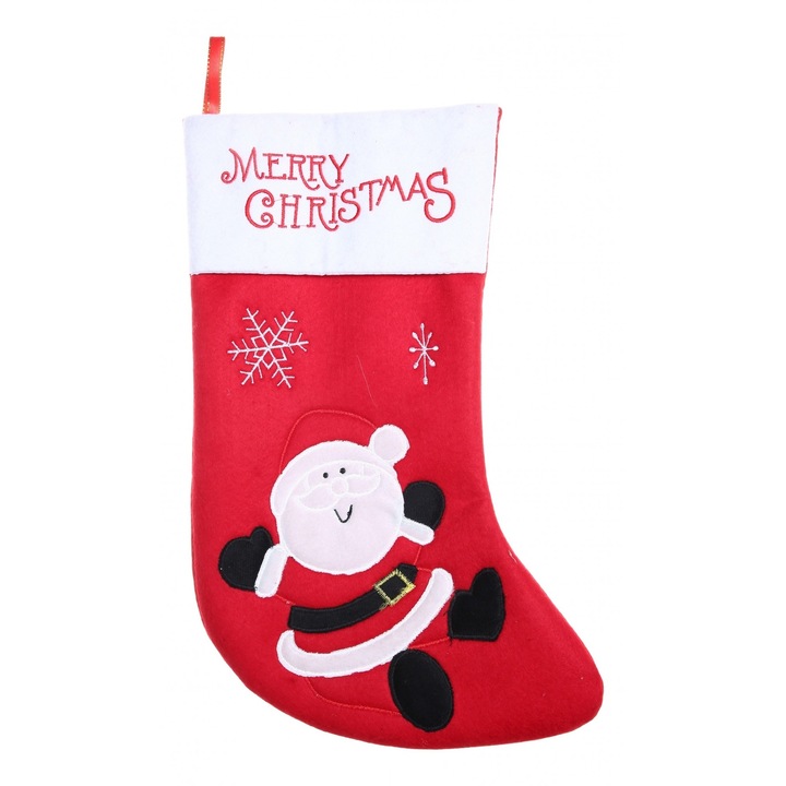 Ciorap pentru cadouri, cu model Mos Craciun, rosu, marimea 20x40 cm, textil